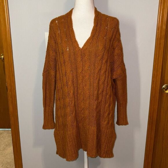 Free People chunky cable knit oversized tunic sweater burnt orange size XS - Picture 2 of 10